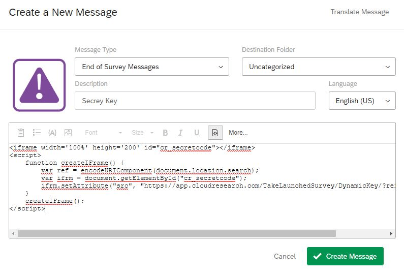 Example of the iframe code pasted into Qualtrics source code editor