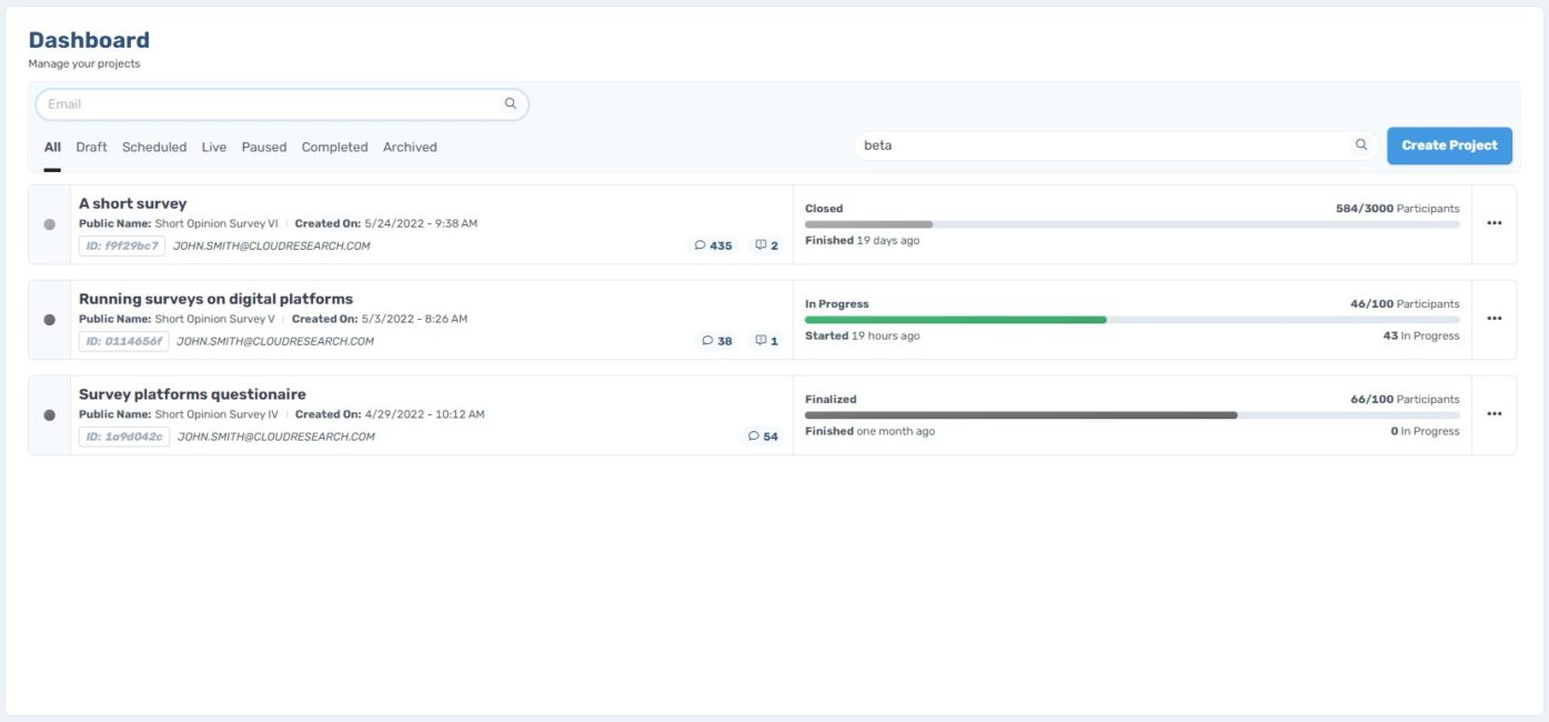 Connect for Researchers dashboard showing study setup and participant pool view