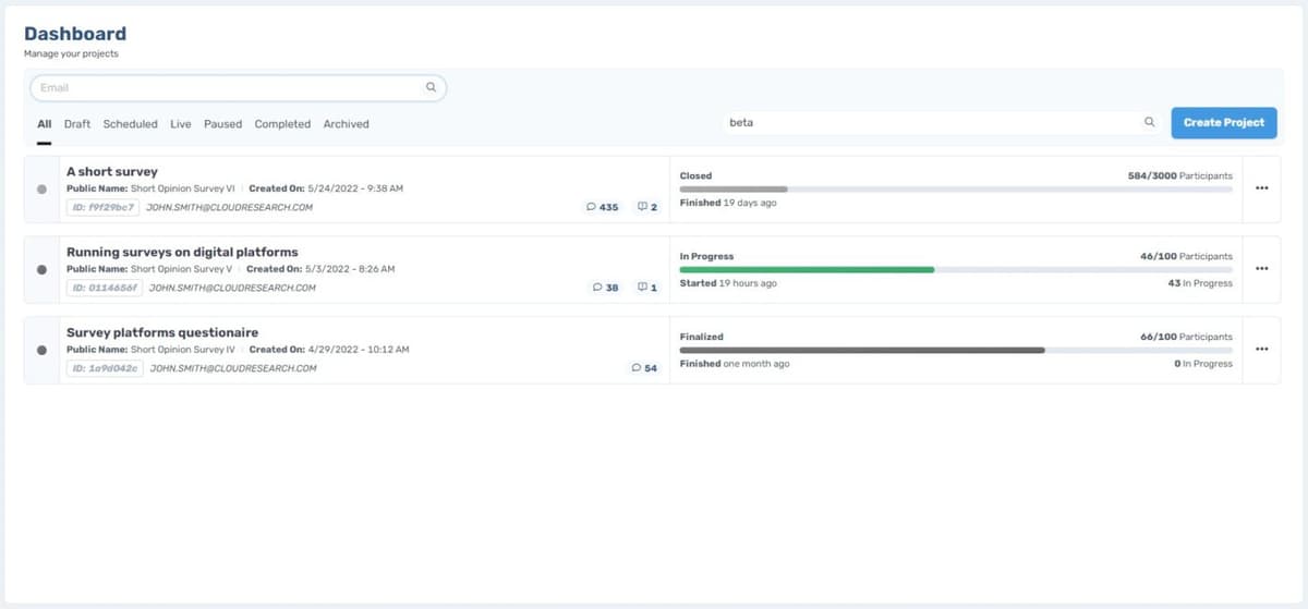 Connect for Researchers dashboard showing study setup and participant pool view