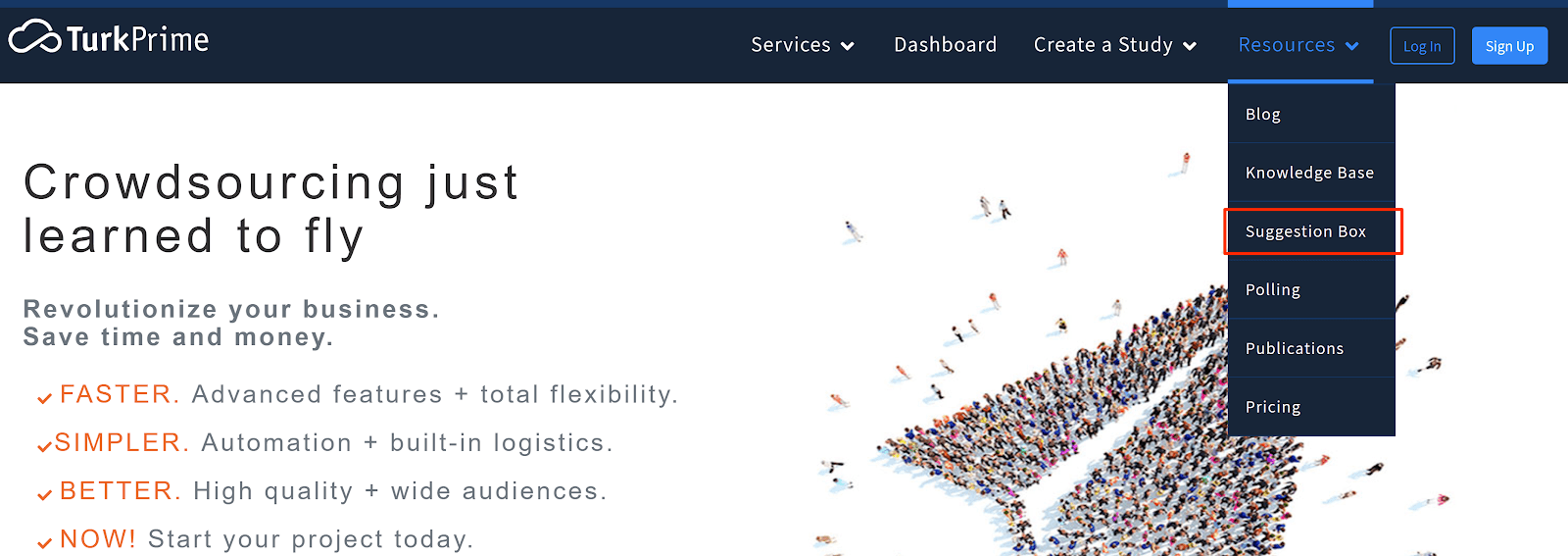 Screenshot of the CloudResearch navigation menu showing the location of the Suggestion Box option under the Resources tab