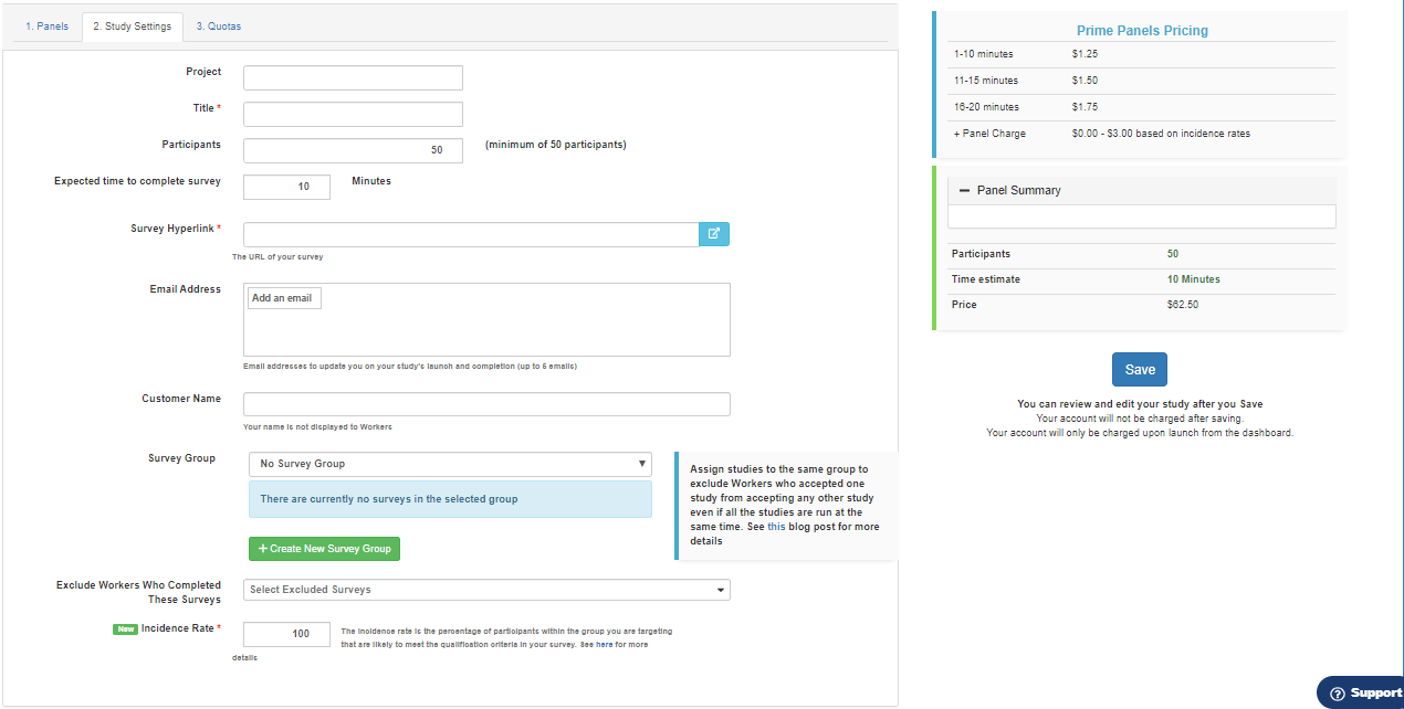 Screenshot of Prime Panels' Study Settings page showing the interface for entering survey details including title, description, URL, estimated completion time, and payment information