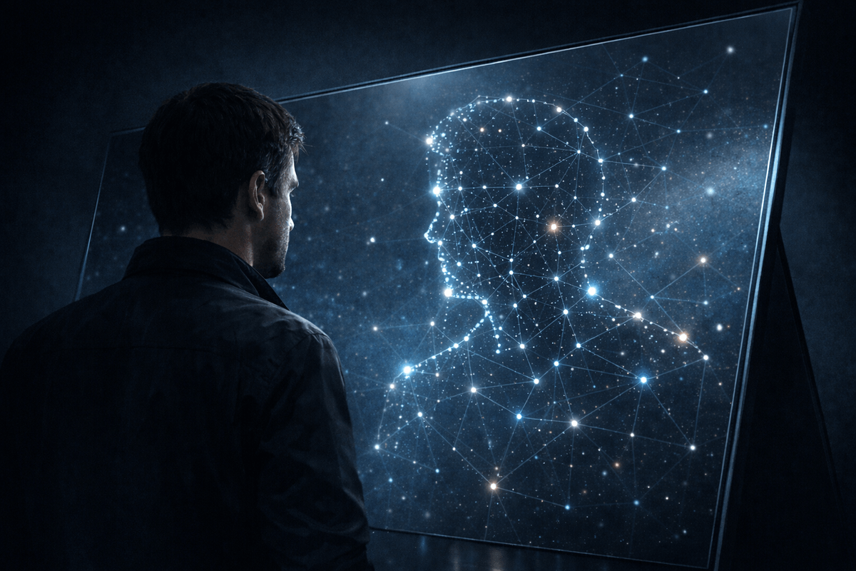 The Machine That Saw Me - digital reflection of self rendered in glowing blue neural connections