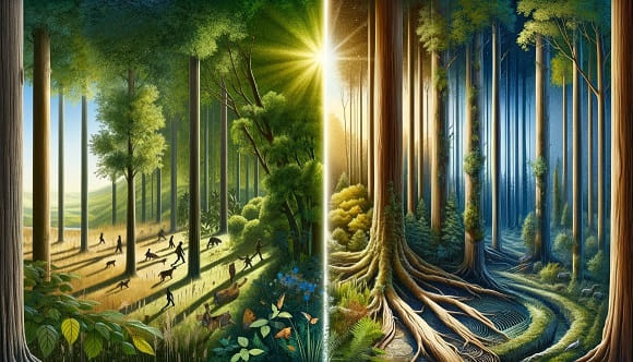 Forest of trees illustrating the difference between holistic thinking (seeing the whole forest) and analytic thinking (focusing on individual trees)