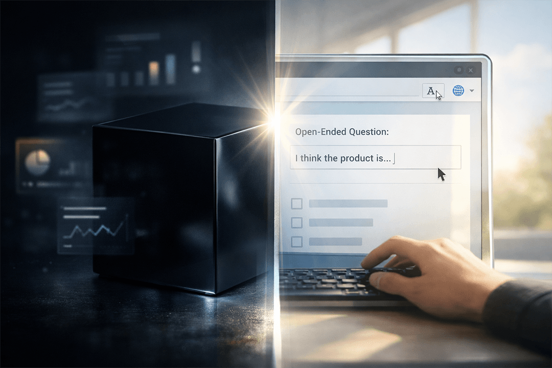 Split image showing a black box on the left representing opaque data quality tools and a laptop screen with an open-ended survey question on the right representing transparent participant observation