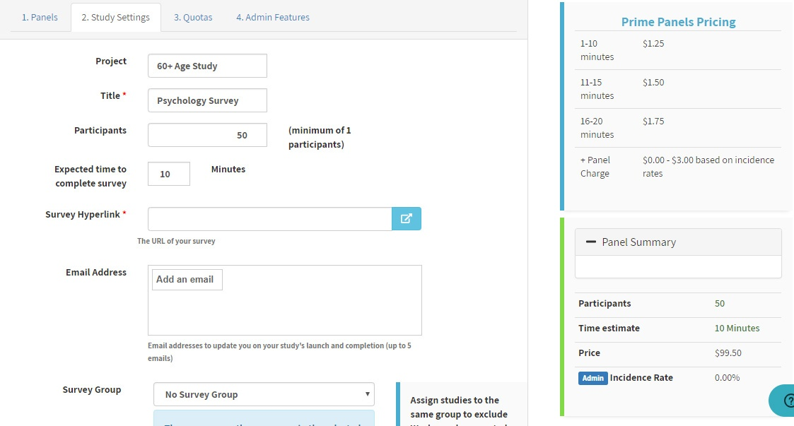 TurkPrime Prime Panel's Study Settings