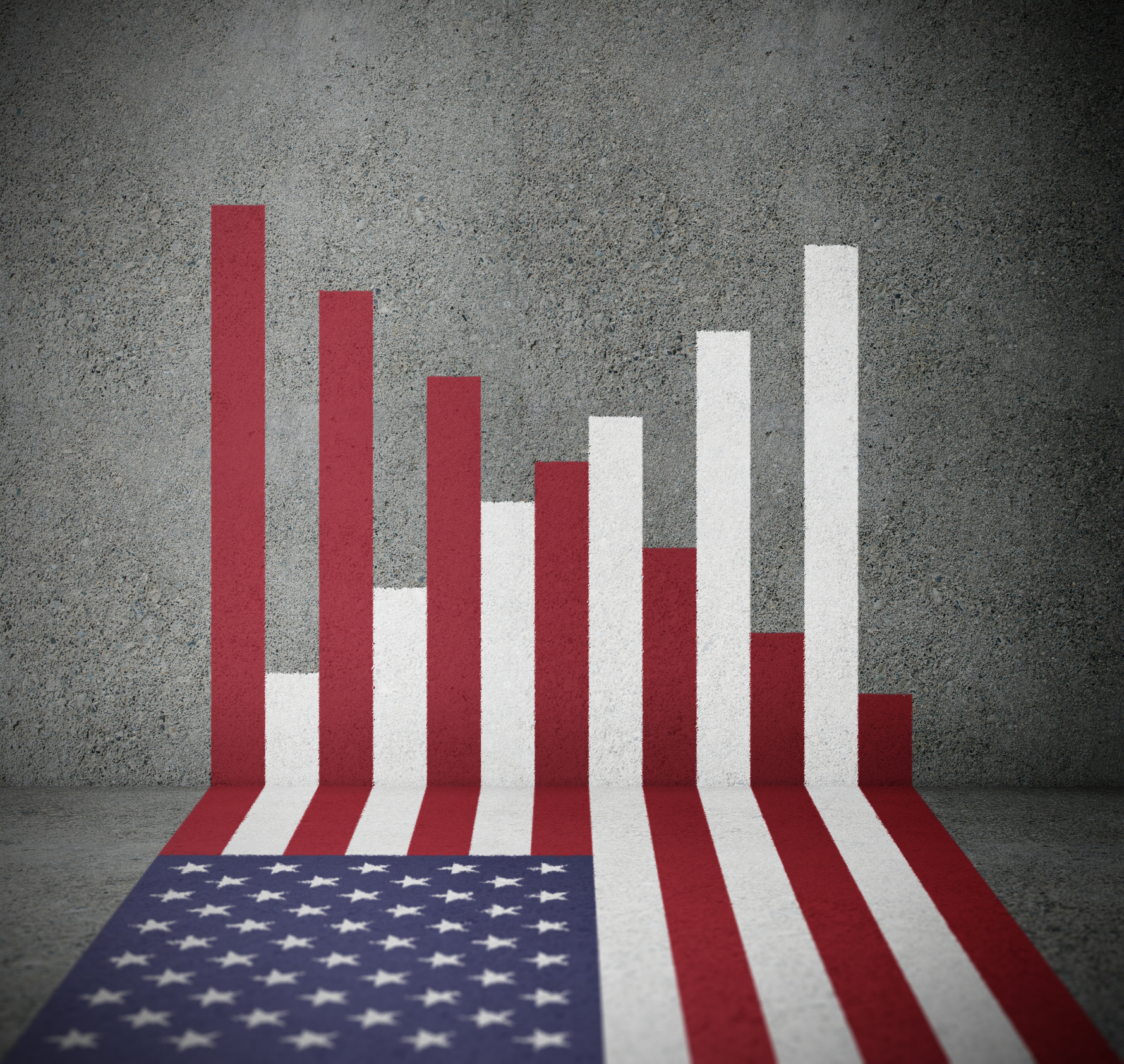 American flag bars forming financial graph pointing up and down